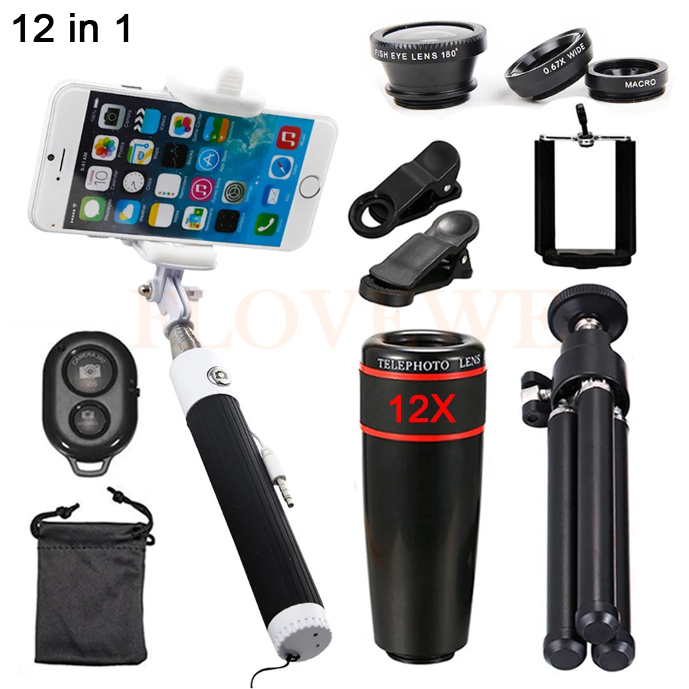 

New 12X Zoom Telephoto Lens With Selfie Stick Clips Tripod Fisheye Wide Angle Macro Lentes For Cell Phone Lneses Kit Telescope