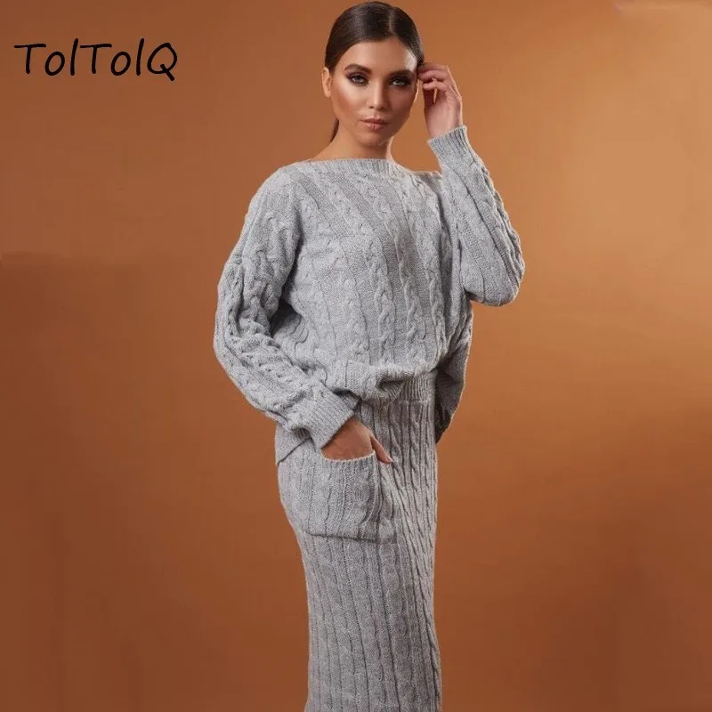 Свитер, комплект из двух предметов, облегающая трикотажная Женская юбка, однотонный короткий свитер, комплект для женщин, Осень-зима, длинный рукав, женский Vestidos