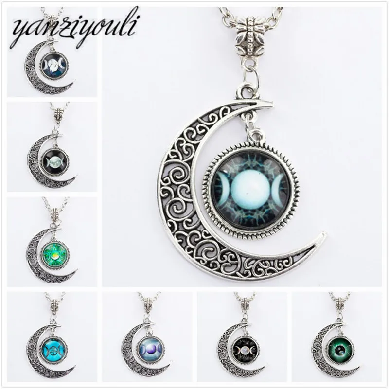 

Silver Chain Triple Moon Pendant Black Wiccan jewelry Moon Goddess Necklace Glass Dome Pentagram Choker Necklaces Women