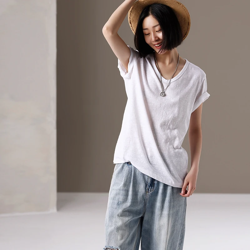 

T6080 Artistic large size candy color cotton thin loose look with thin T-shirt