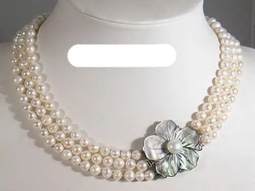 

Free Shipping >>3 Rows Real White Pearl 18KWGP Shell Flower Clasp Necklace
