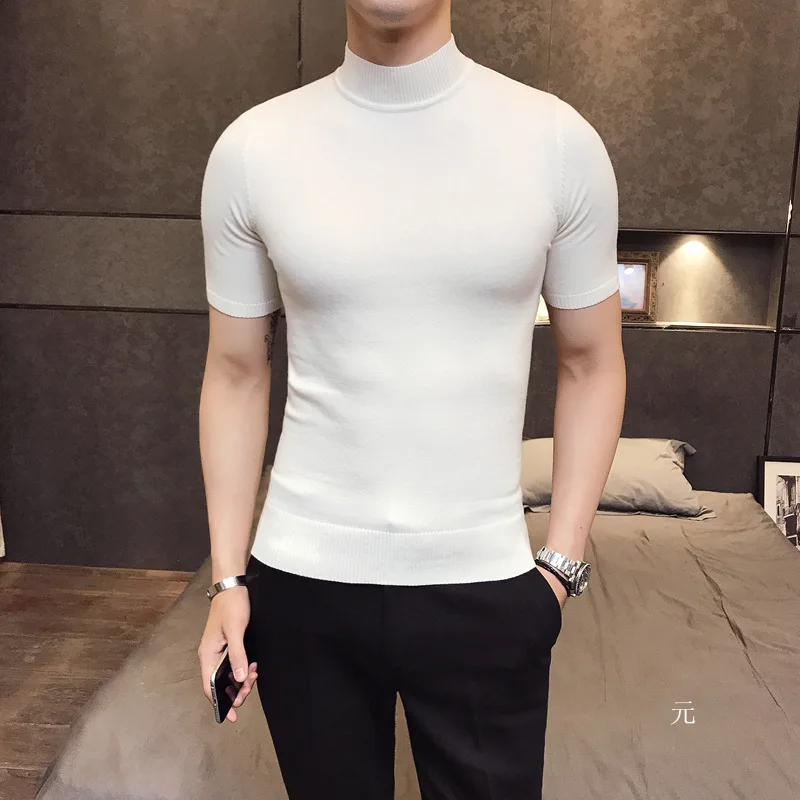 

MRMT 2019 Brand Men's Sweater Pure Color Short Sleeves Semi High Necked Pullover for Male Sweater Tops