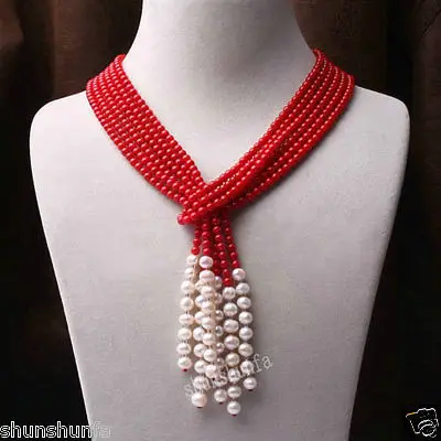 

Hot sale Free Shipping>>>>>Natural red coral /white freshwater pearl necklace 3 strand 50inch