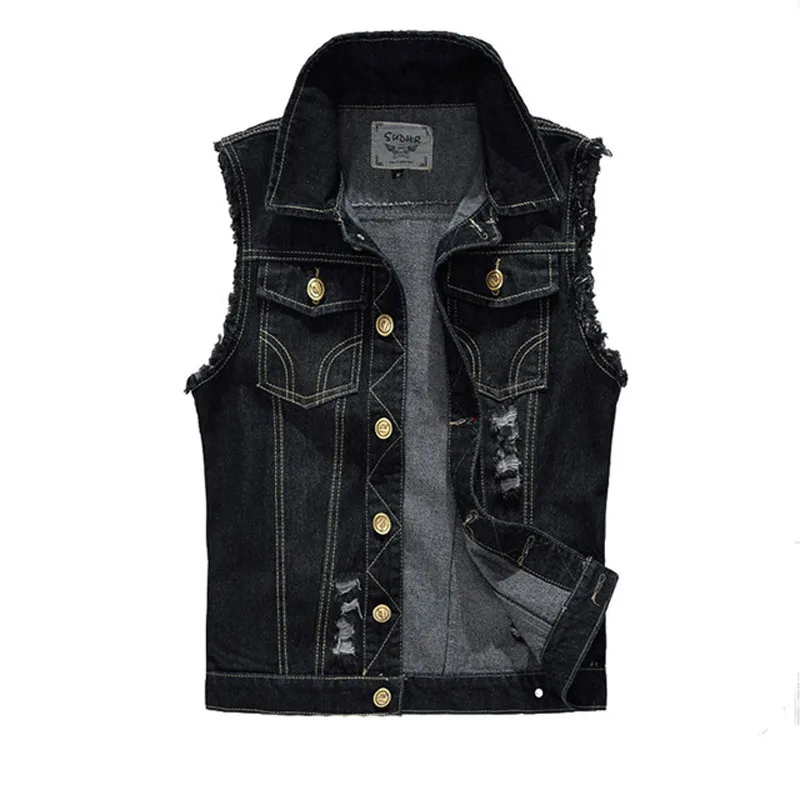 

6XL Plus Size New Spring Autumn Vintage Design Men's Denim Vest Male Black Sleeveless Jackets Men Hole Jeans Brand Waistcoat