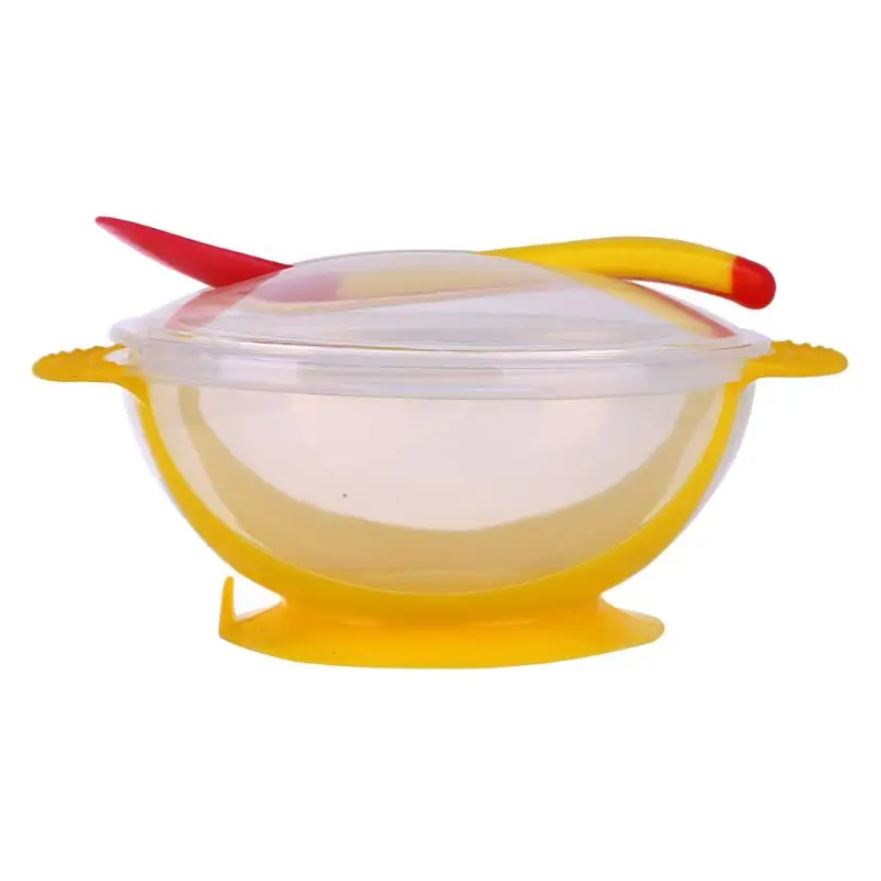 Горячая 3 шт./компл. детская антиосенняя посуда столовая посуда всасывающая чаша с ложка с датчиком температуры детская еда детская миска для питомца посуда - Цвет: Цвет: желтый