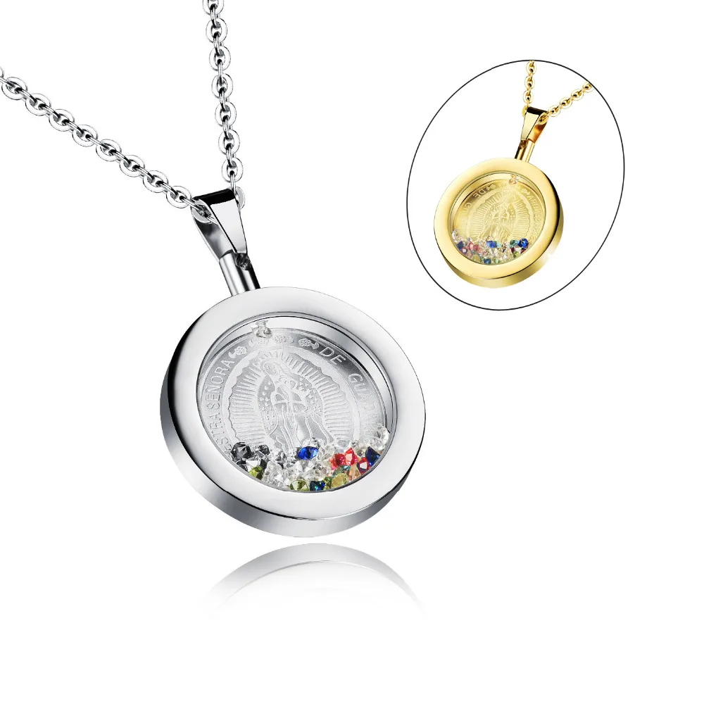 Stainless Steel Floating Crystal Pendant Necklace, Colorful Gems Mirror ...