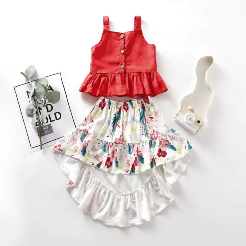 

Canis Toddler Kid Baby Girl Clothes Button Vest Tops+Floral Dress Outfits Set US
