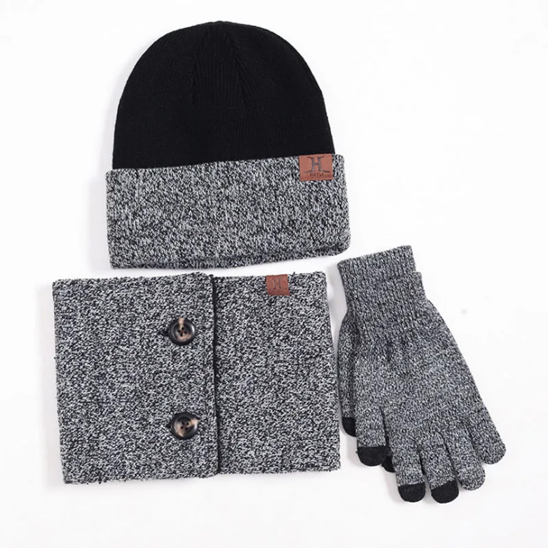 New Design Knitted Winter Hat Scarf Gloves Set Men Thick Cotton Beanies