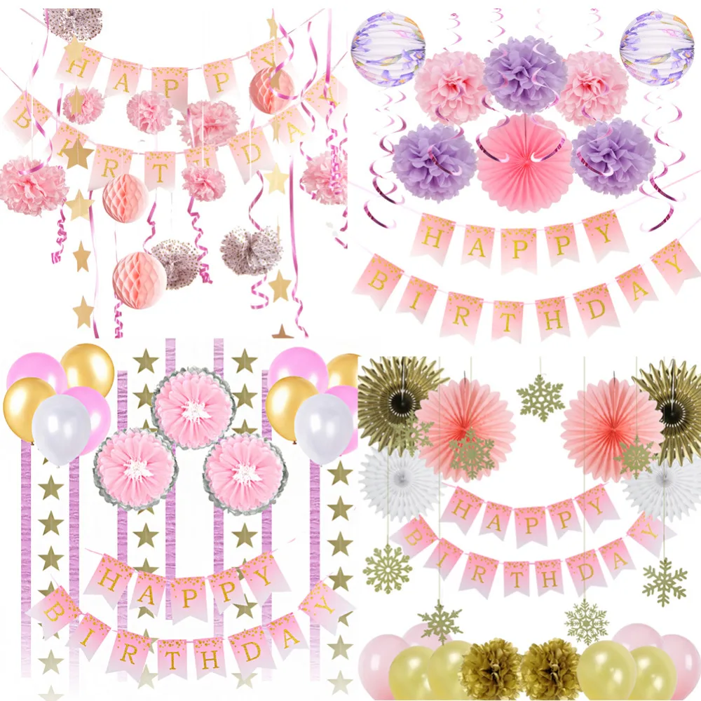 

Happy Birthday Party Decoration Set Glitter Gold Polka Dots Paper Banner Latex Balloons Paper Fans Lanterns Hanging Swirls Decor