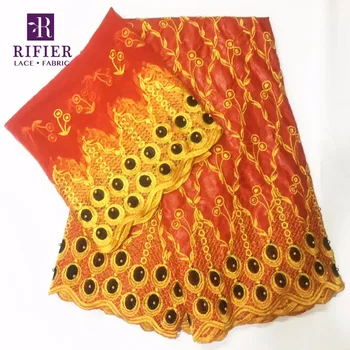 

Beaded Embroidered Bazin Riche Fabric With Net Beads Orange Colour Guinean Guipure Wedding Dress Material Guinea Basin Fabrics