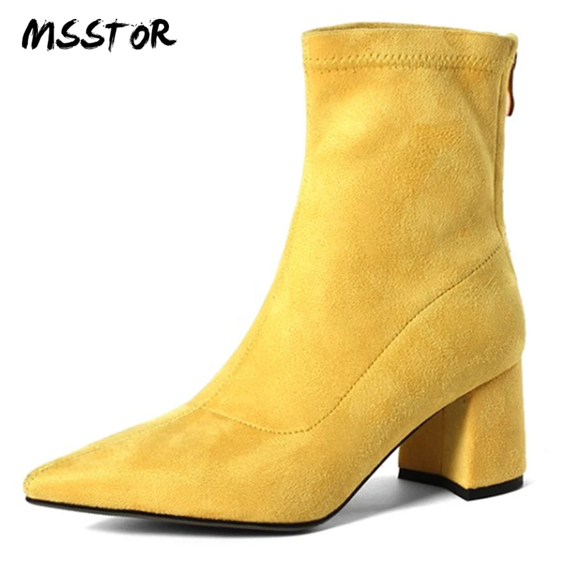 

MSSTOR Concise Yellow Socks Boots Flock Rome Casual Square Heels Plus Size 43 Pumps Shoes Women Pointed Toe Winter Ankle Boots
