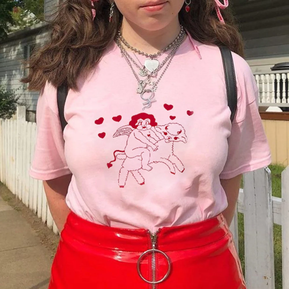 

Women Sweet Pink T Shirt Fashion Summer Cute Cartoon Print Short Sleeve Tee Shirt 2019 New Casual Loose Femme Tops