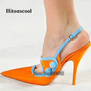 

Women Shoes Ladies Pumps 2019 Spring Autumn Orange Slingback Patent Leather Pointy Toe Stilett Big Size Shoes