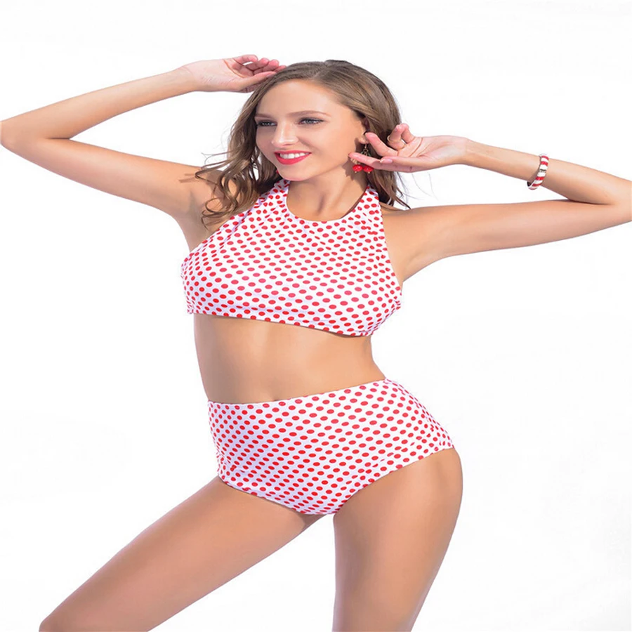 Sexy Hanging Neck High Neck Dot pattern Print Set Swimwear Women Push