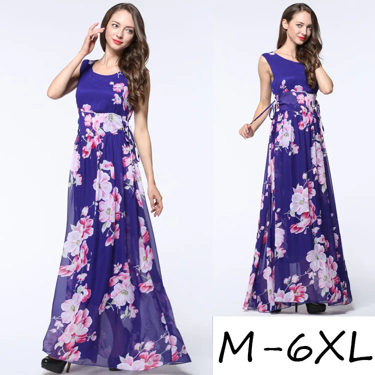 

2017 Womens Summer Elegant Beach Chiffon Clothing Bohemian Print Maxi Long Party Dress Plus Size 5XL 6XL Vestidos