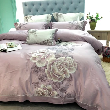 

Luxury 100S Egyptian Cotton Embroidered Bedding set Queen King Pastoral Duvet cover Bed sheet set Pillowcases 4/6pcs Pink flower