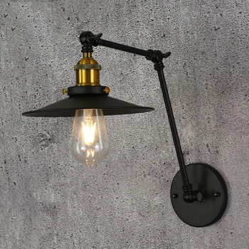 

Vintage iron Wall lamp Black Industrial Dia 22cm Edison Bulb Dining Study Bed Room Retro American Adjustable Swing Wall Light