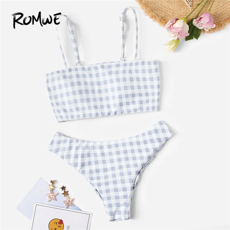 

Romwe Sport Bikinis Set Gingham Spaghetti Strap Top With Ruched Bottoms Swimsuit Women Summer Low Rise WireFree Sexy Swimwear