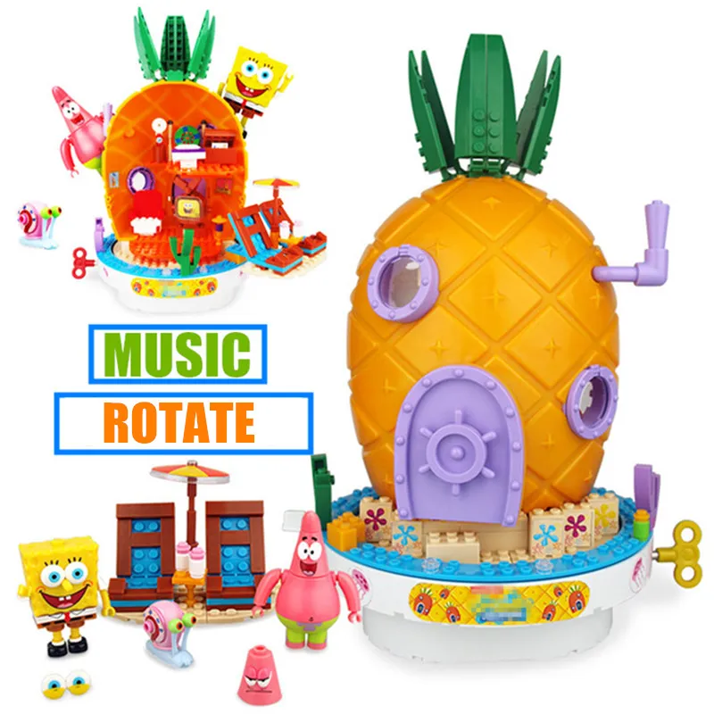 

New SpongeBob Spinning Music Pineapple House fit legoings Friends Castle Idea Building Blocks bricks Toys Children Birthday Gift