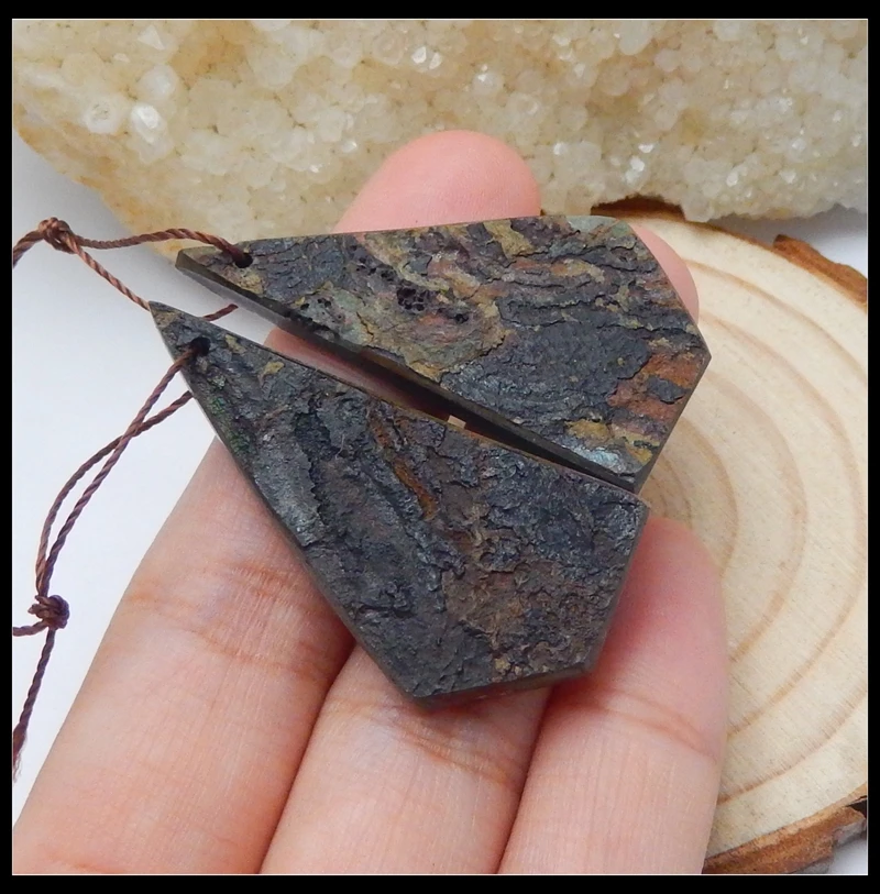 

New Design Natural Stone Rainbow Iron Pyrite Front Drilled Earring Bead 38x20x4mm 9.1g Beauty Jewelry Women Earrings