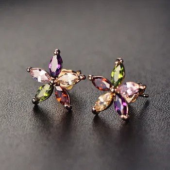 

Stud Earrings For Women S925 Silver Needles Flower Cubic Zirconiai Colorful Fine Jewelry Temperament Brincos Prevent Allergy