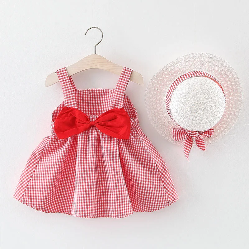 

Summer Baby Infants Girls Kids Children Sleeveless Plaided Backless Straped Dresses 2019 Princess Dress Tutu Vestidos+Hat S8587