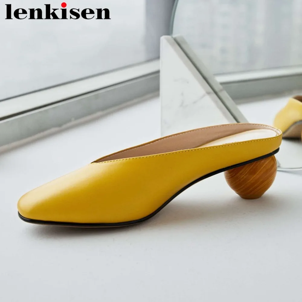 

2019 new genuine leather slip on mules vintage concise square toe shallow pumps vocation art design block med heels shoes L10