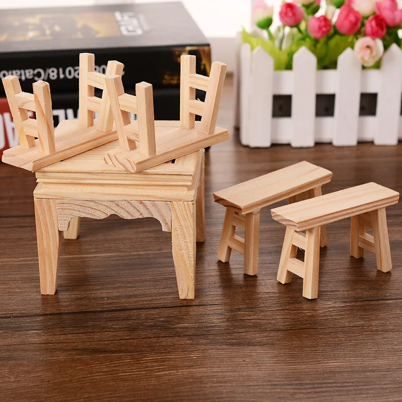 1set Antique Retro Household Furniture Model Wood Figurine diy 85*76mm Desk&Chair Home Decoration Craft Kid Gift Wood miniaturas