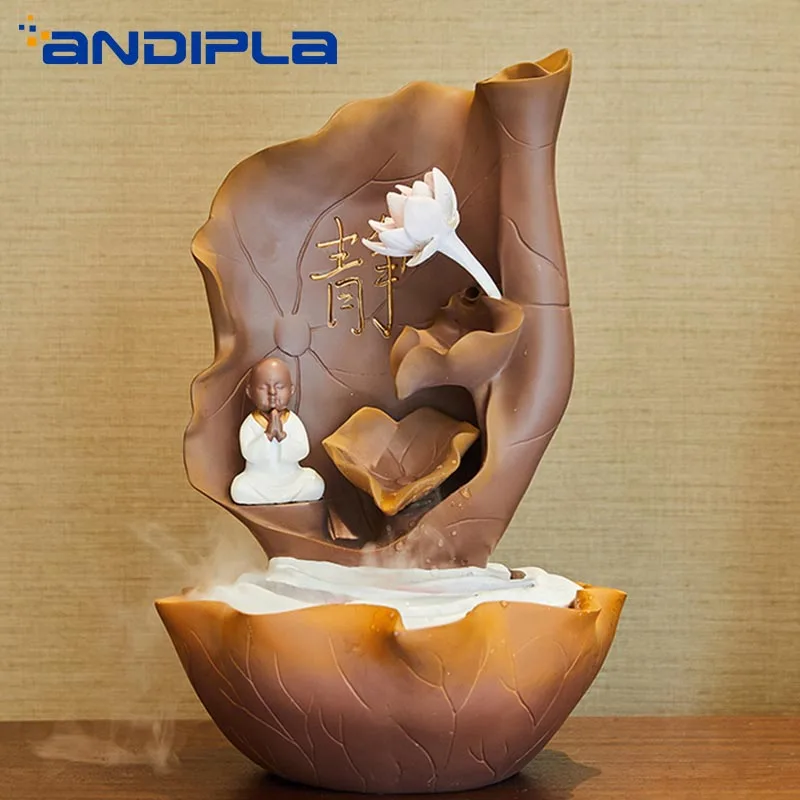 

110V-240V Zen Style Monk lotus LED Water Fountains Atomizer Air Humidifier Feng Shui Desktop Ornaments Lucky Wedding Home Decor