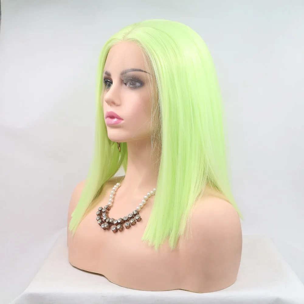 Marquesha реалистичный вид желтый зеленый Боб Cut натуральный Hairline Термостойкое волокно Синтетические Кружева передние парики для женщин