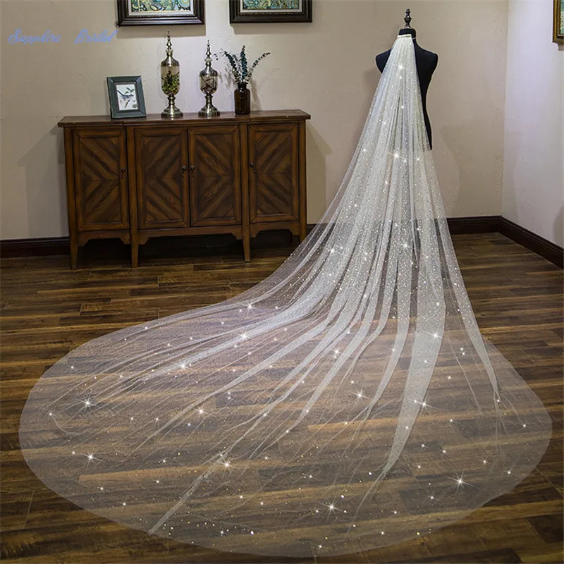 Sapphire Bridal 2019 Новые свадебные аксессуары с золотыми пайетками 4 м Длинная свадебная фата Velo De Novia 1 ярусная обрезанная кромка Свадебная Фата с