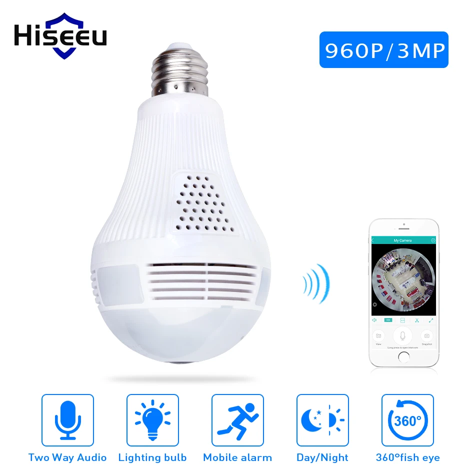

Hiseeu LED Light 960P/3MP 360 degree Panoramic CCTV Camera Wi-fi Wireless FishEye Night vision Home Security IP Camera