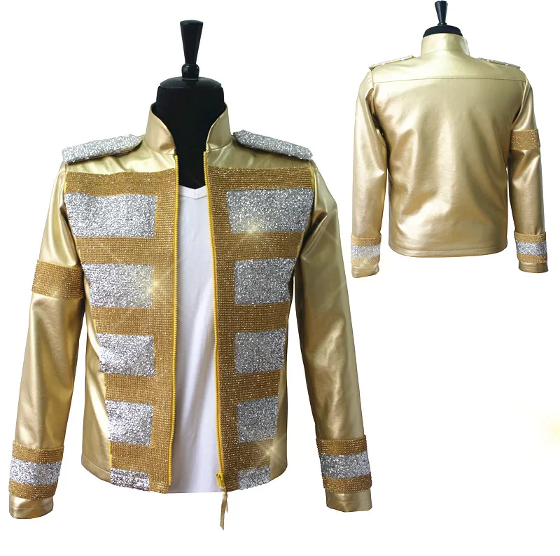 Индивидуальный заказ MJ Профессиональный Косплэй Майкл костюм Джексон раб ритме куртка золотистыми стразами; кожаные пальто изготовленный на заказ