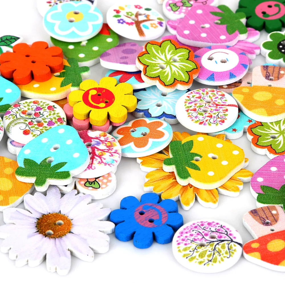 

80pcs 2 Holes Assorted Random Mix Cartoon Plant Wodden Buttons For Children Clothes Decorative Button Crafts Scrapbooking