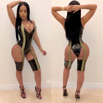 

Sexy Black Deep V Hollow Out Color Patchwork Lace Up Vest Playsuits Women Sleeveless Seduce Bodysuits Bodycon Club Jumpsuits