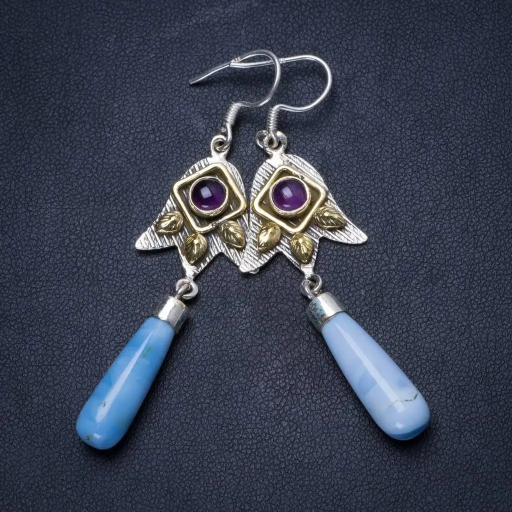 

Natural Owhyee Opal and Amethyst Handmade Unique 925 Sterling Silver Earrings 2.5" X3683