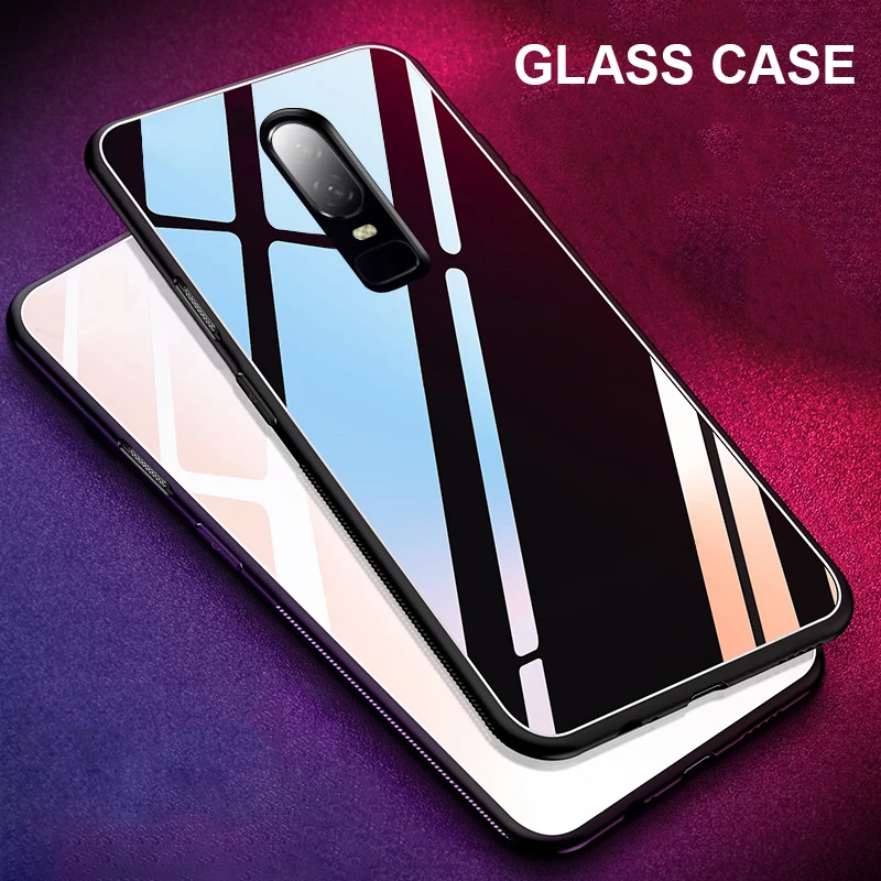 

Para OnePlus Caso 6 Luxo Brilhante Vidro Temperado Quadro Silicone Macio Prova Choque Capa Dura Para Um Mais 6 Oneplus6 2018
