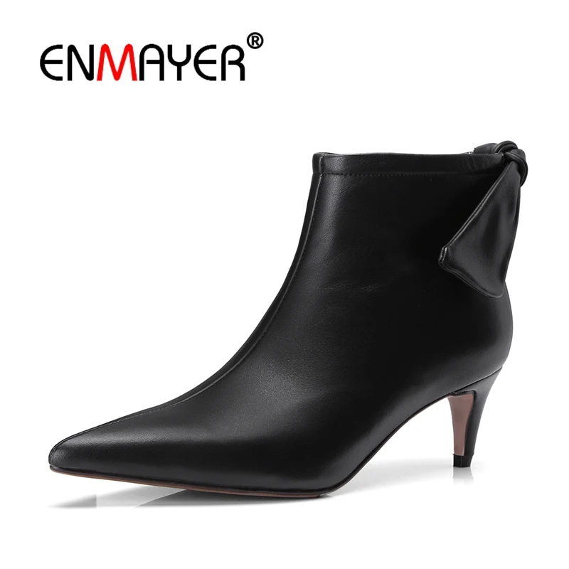 

ENMAYER Women Ankle boots Pointed Toe High heels Short boot Winter boots Riband Hollow Thin heel Zipper Black Shoes woman CR1356