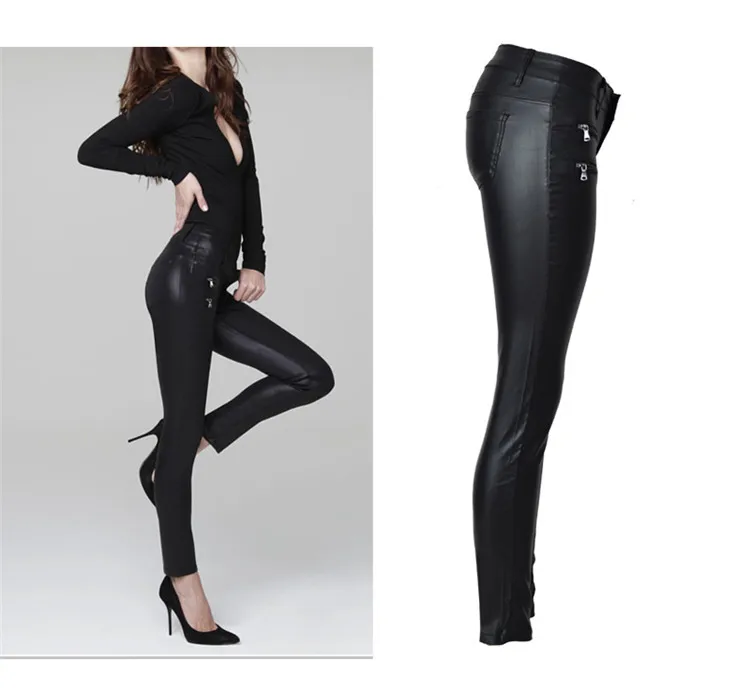 European and American women's hot style low waist slim foot PU leather trousers double zipper (4)