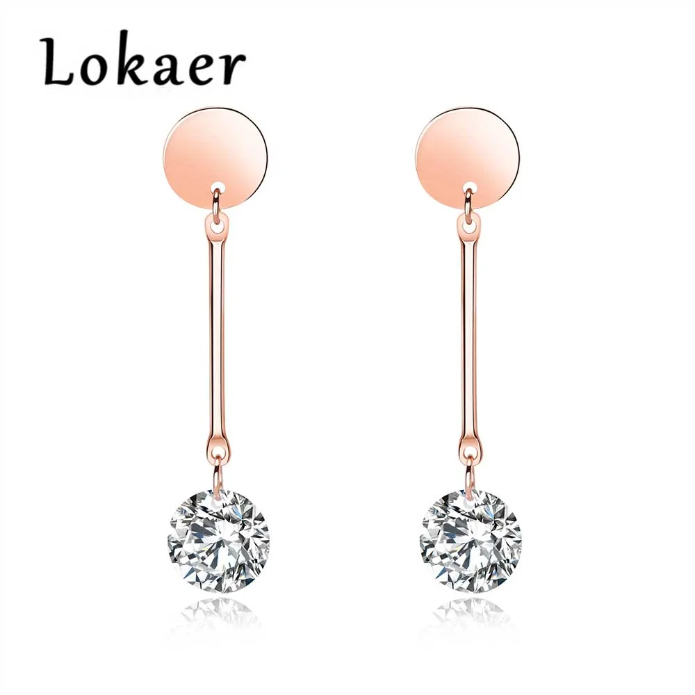 

Lokaer Titanium Steel Round Long Tassel Drop Earrings Exclusive Rose Gold Color Cubic Zirconia Dangle Earrings Jewelry LGE436