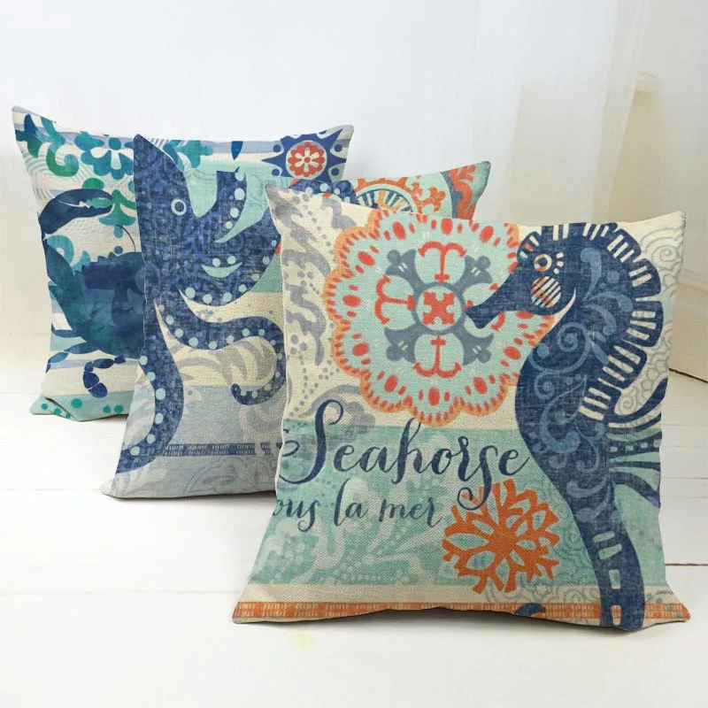 

Sea Turtle Octopus Whale Starfish Throw Cushion Covers Vintage Ocean Fish Decorative Pillow Case octopus Crab Pillows cojin