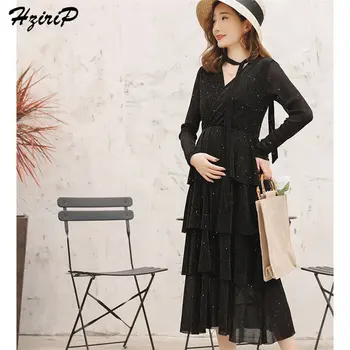 

HziriP New Casual Black Nursing Pregnancy Elegant Summer Ruffles Maternity Dresses Loose Long Sleeves Fresh Pregnant Women Dress