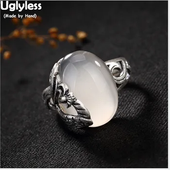 

Uglyless Real S 990 Silver Fine Jewelry Handmade Natural Chalcedony Women Opening Finger Rings Ethnic Ring Hollow Peacock Bijoux