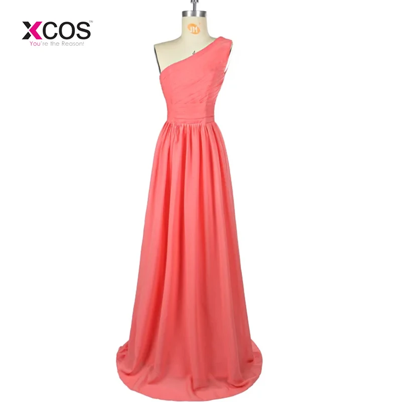 

Coral Long Bridesmaid Dresses One Shoulder Vestido Madrinha Longo Chiffon Pleated Formal Prom Gowns Party Wedding Guest Dress
