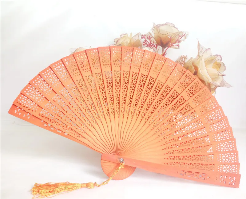Hot Newest Wedding Hand Fragrant Party Carved Bamboo Folding Fan Chinese Style Wooden Lady Beautiful - Цвет: Orange