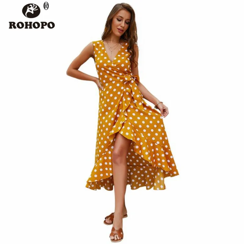 

Sleeveless Dot Women Summer Ruffles Dress Deep V neck Bow High Waist 2019 Fashion Women Runway Casual Beach Dress #C3121