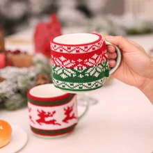 Рождественские вязаные шерстяные кружки, крышки для бутылок, набор, жаккардовые вязаные чайные керамические бутылки, стеклянные рукавицы, вечерние стаканы, подарок