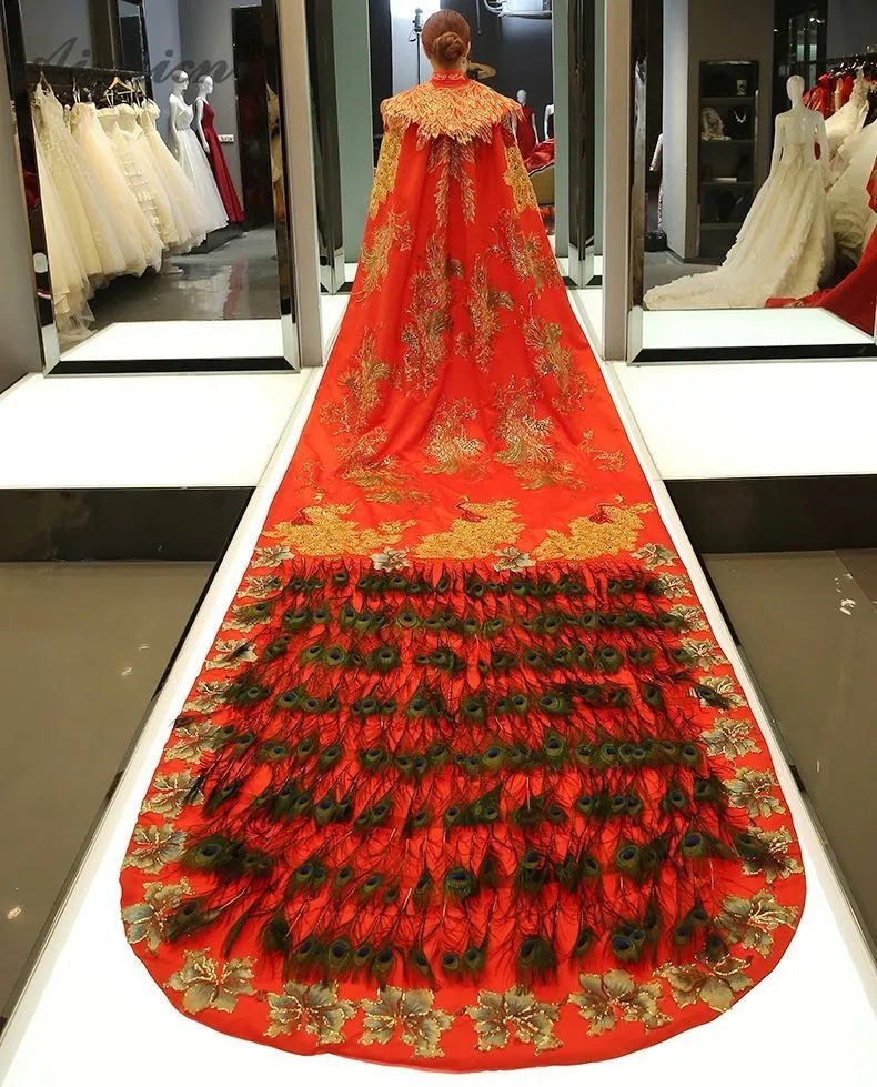 Древний китайский Феникс халаты невесты свадебные винтажные красные Вышитая Шаль для женщин трейлинг восточные женские зимние шали и