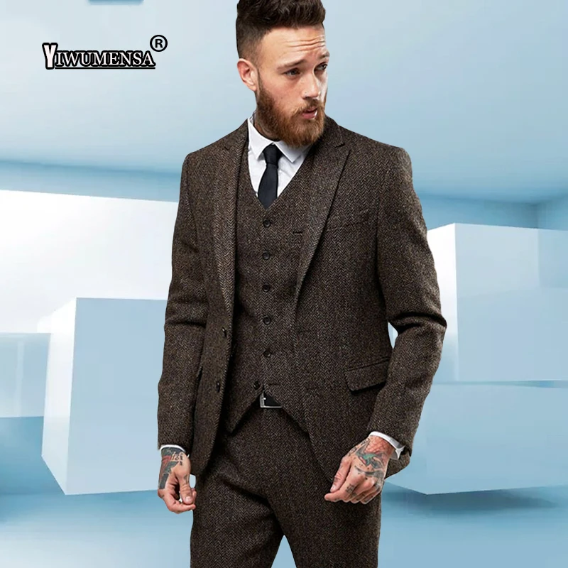 Us 7033 45 Offyiwumensa Costume Mariage Homme Men Suits For Wedding Tuxedo Tweed Herringbone Smoking Groomsmen Blazer Mens Suits 2018 Terno In