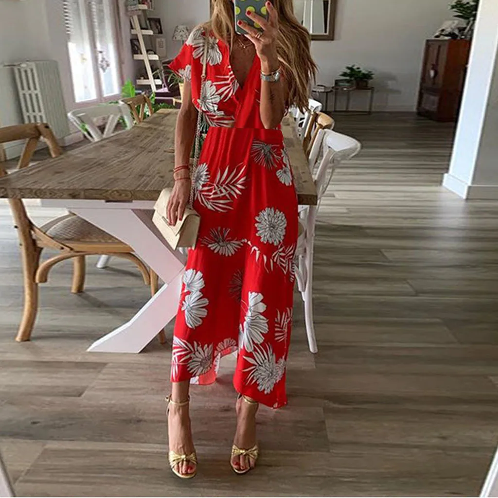 

Summer Womens Dresses Fashion Casual Print V-Neck Asymmetrical Ankle-Length Dress Vestidos De Verano Robe Vintage Woman Dress